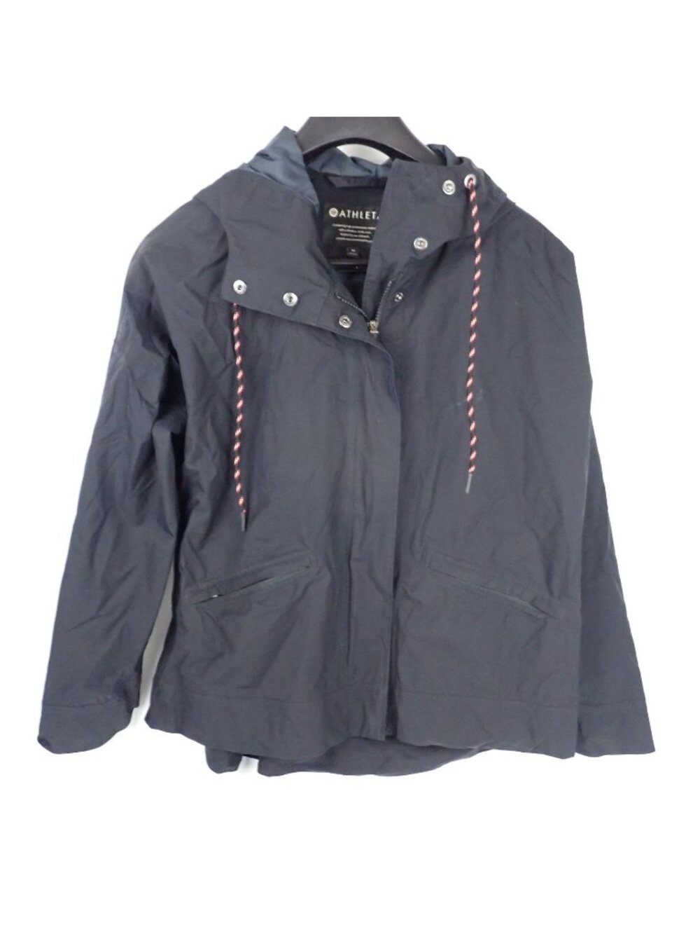 Athleta Womens Medium Black Hooded Rain Jacket Zip Front Lightweight Windbreaker